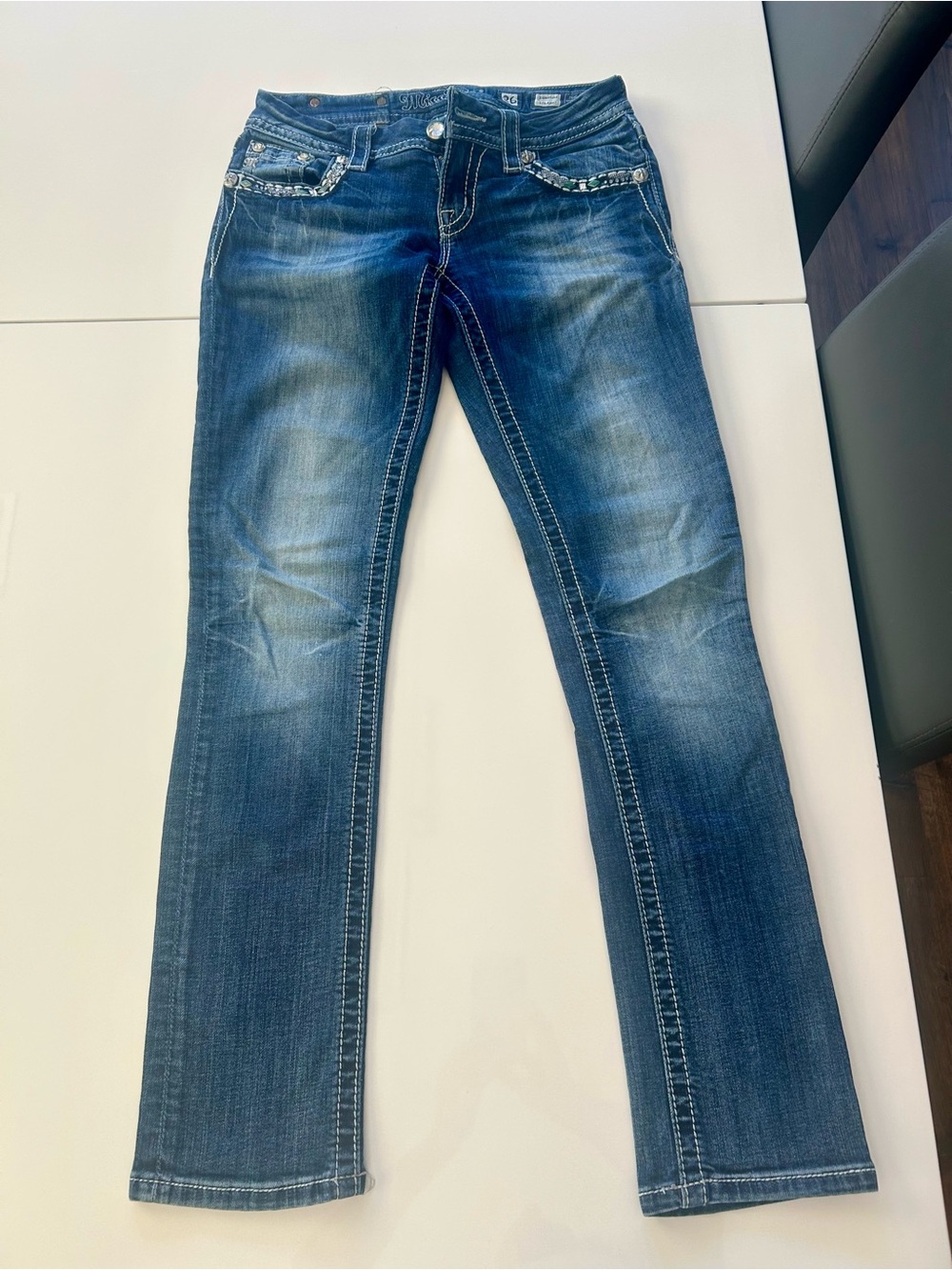 Miss Me Blue Straight Leg Jeans with Embellished Pockets